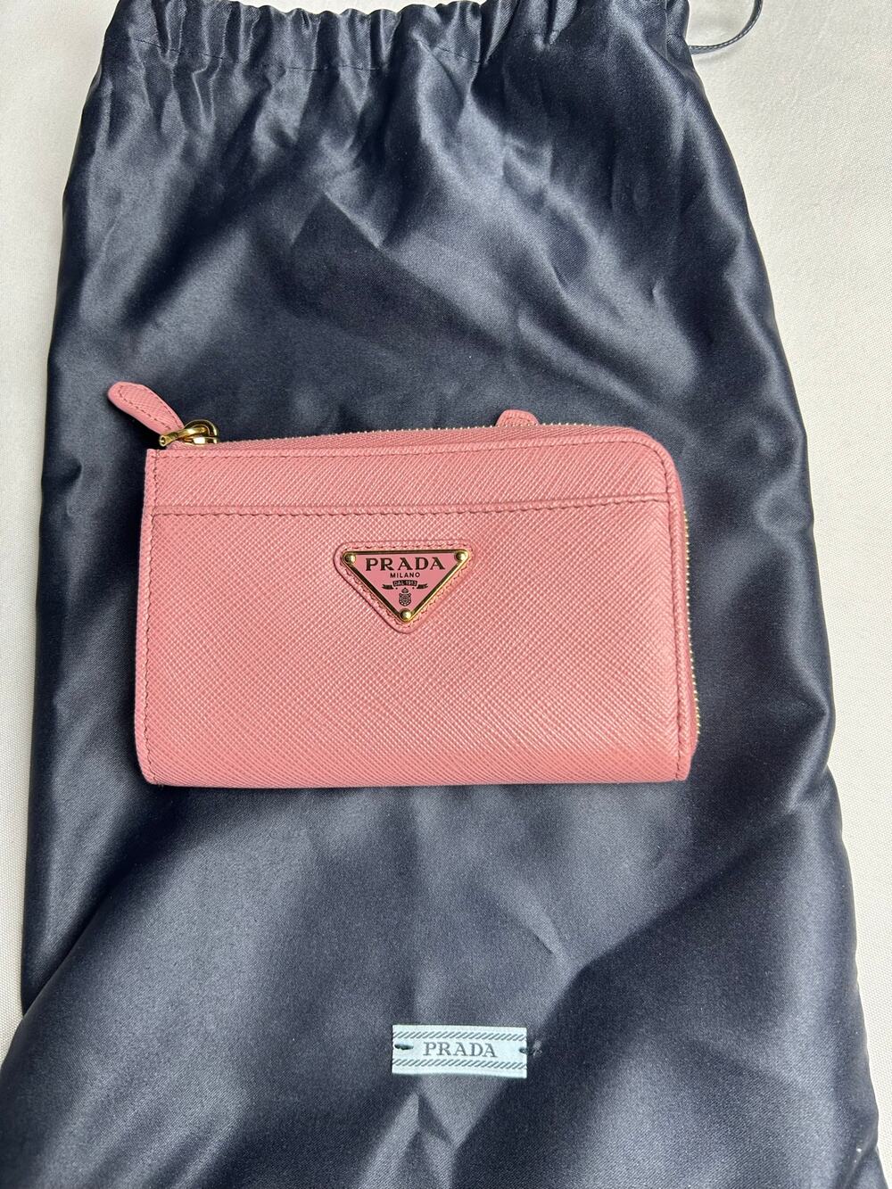 Authentic PRADA pink Triangle Logo Zip Card Case Wallet new with  certificate